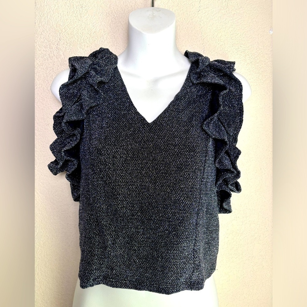 Milk & Honey Black Silver Metallic Sparkle Ruffled Sleeve V-Neck Stretch Tank M